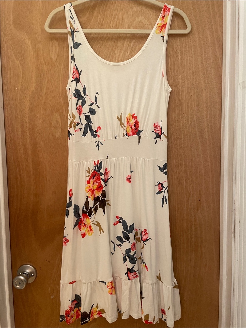Cream Floral Midi Dress with Scoop Neck